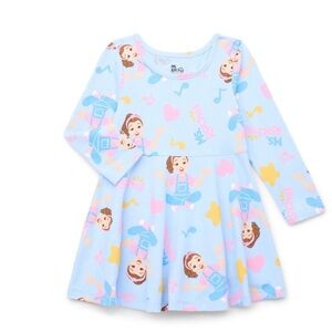 Blue Long Sleeve Kids Dress with Cartoon Print